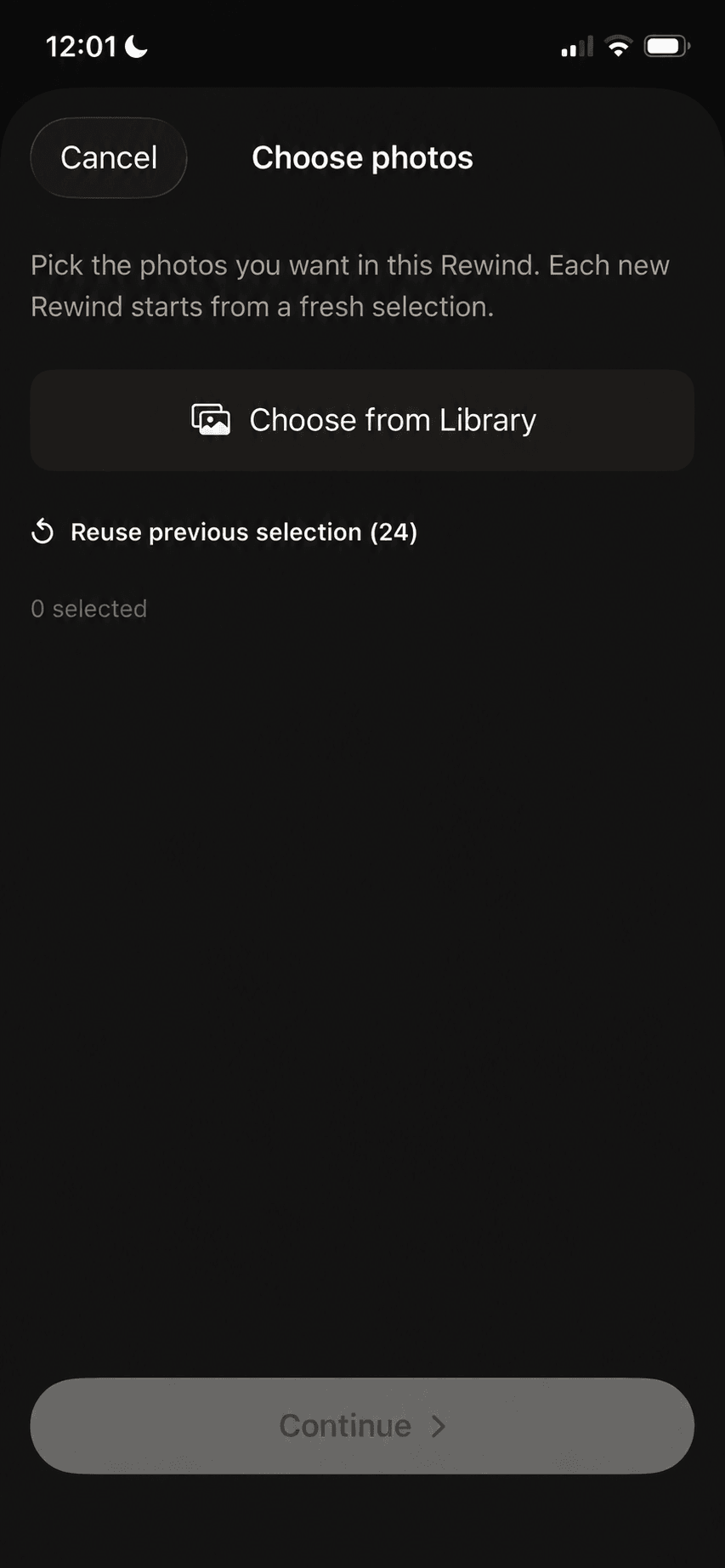 URemember photo selection screen before any photos have been selected.