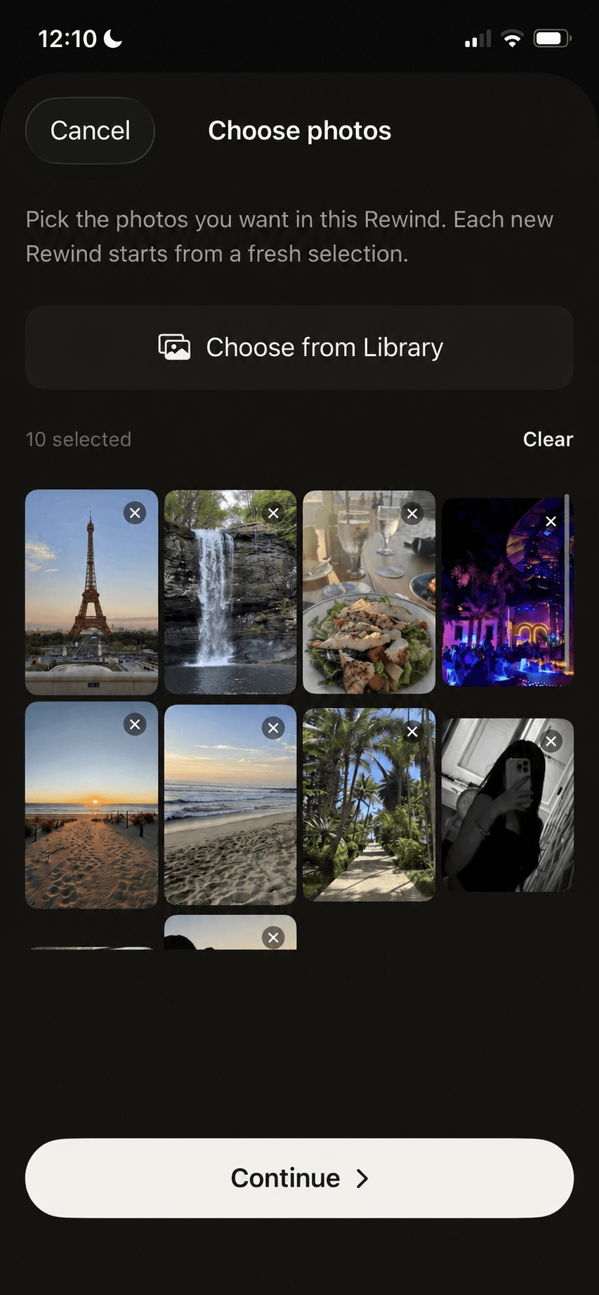 URemember photo selection screen with ten travel and everyday photos selected.