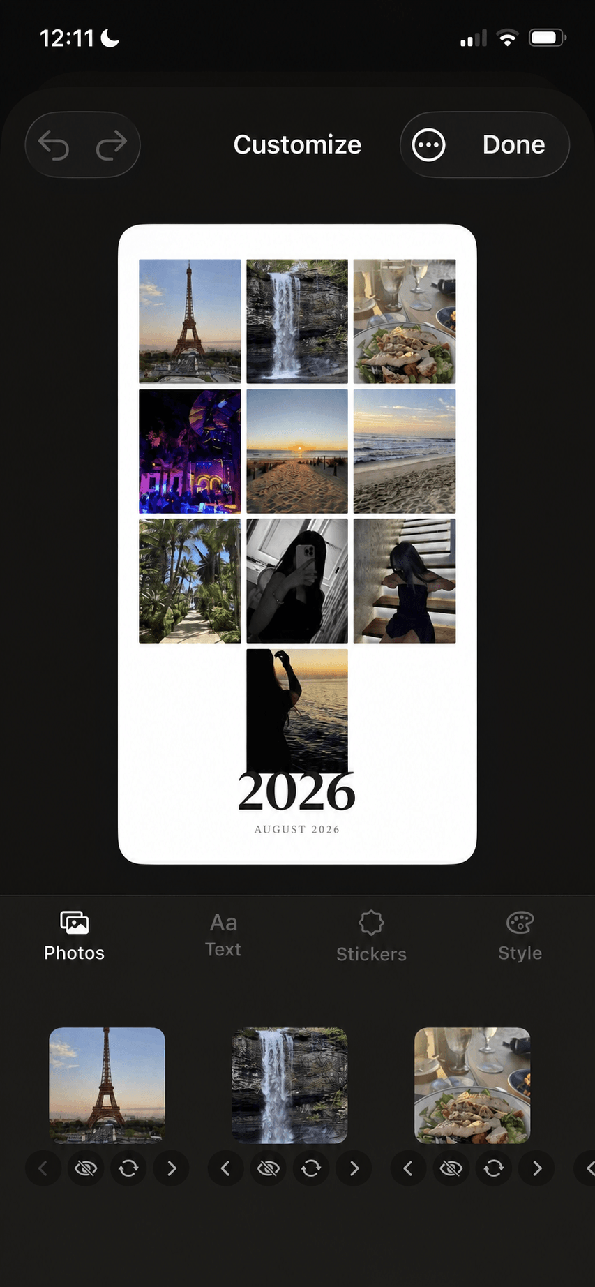 URemember customization screen for editing photos, text, stickers and style.