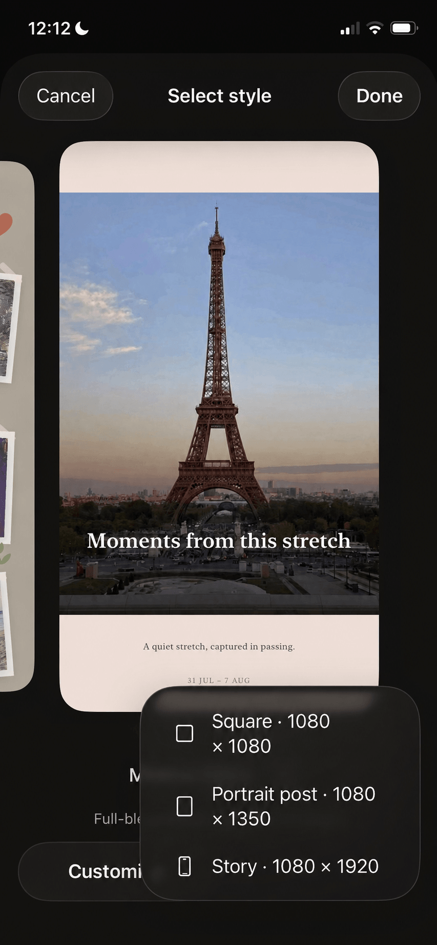 URemember export menu showing square, portrait post and story sizes.