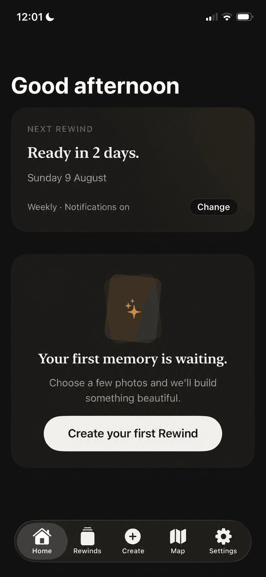 URemember home screen showing the next Rewind and the option to create a first Rewind.