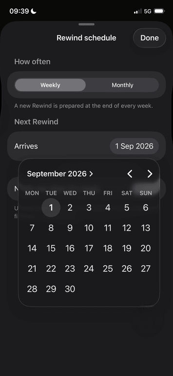 URemember Rewind schedule screen with the September 2026 calendar open.