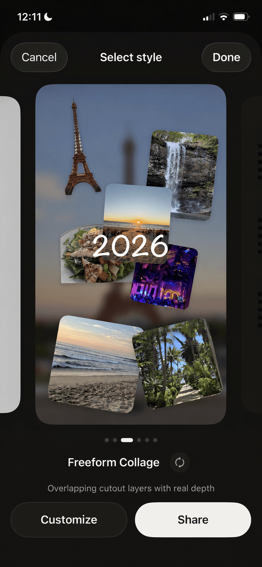 URemember style selector showing a layered Freeform Collage Rewind.
