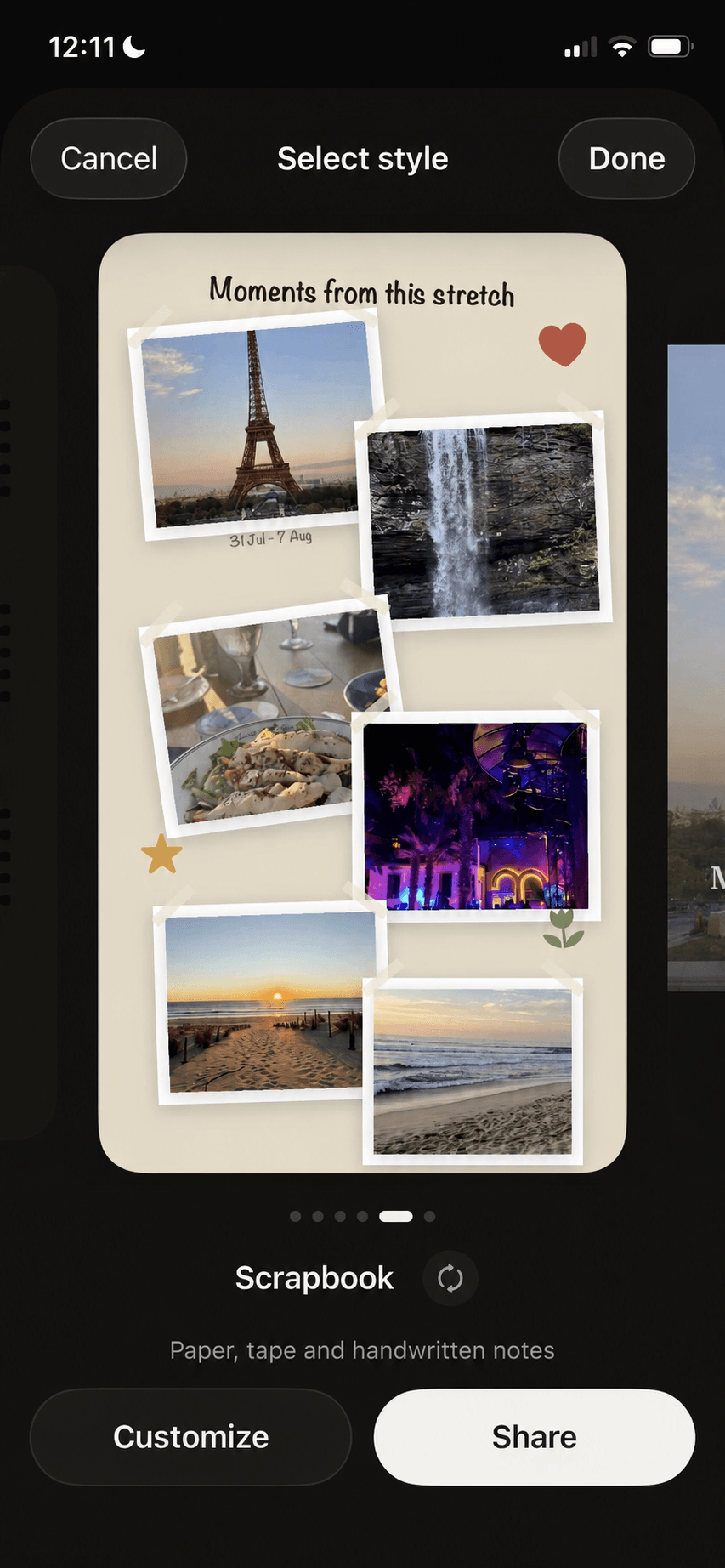 URemember style selector showing a scrapbook-inspired Rewind.
